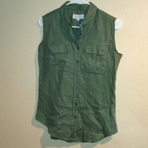 Olive Green 100% linen Sleeveless Button Down Camixa Top XS